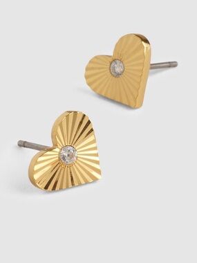 Madewell Engine Turned Gold Heart Studs with Cubic Zirconia Center